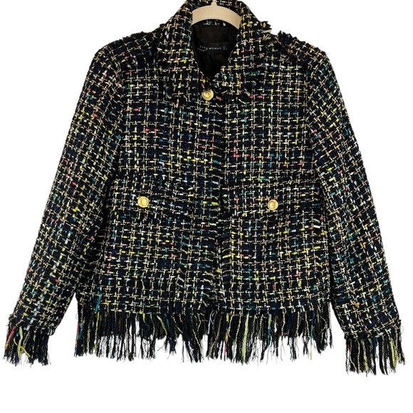 NWT ZARA Tweed Frayed Blazer Jacket Black Multicolor Gold Buttons Wool Blend L - Picture 4 of 15